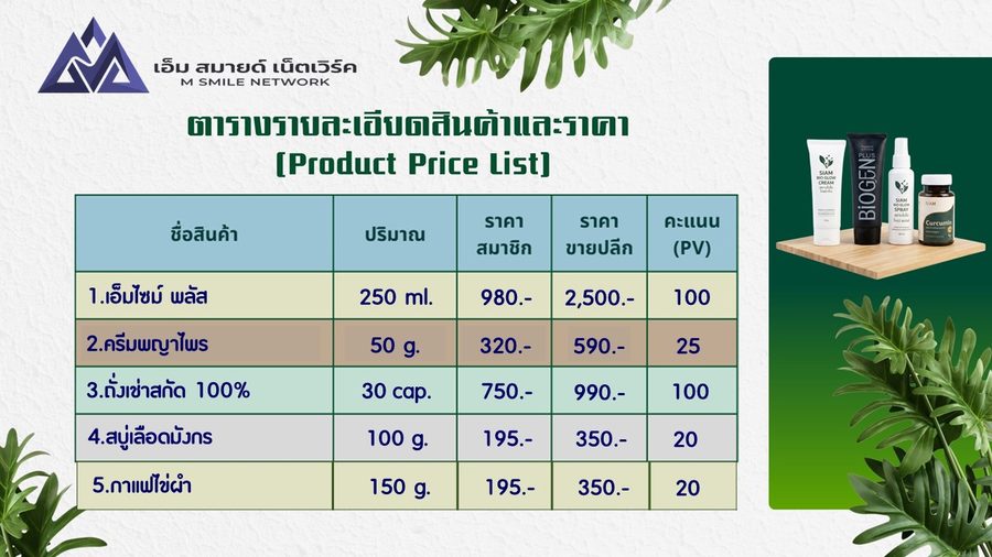 ตารางราคาสินค้า M Smile Network